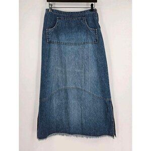 The Blues Womens 90s Denim Midi Skirt Raw Edge Hem Side Split Sz 7/8